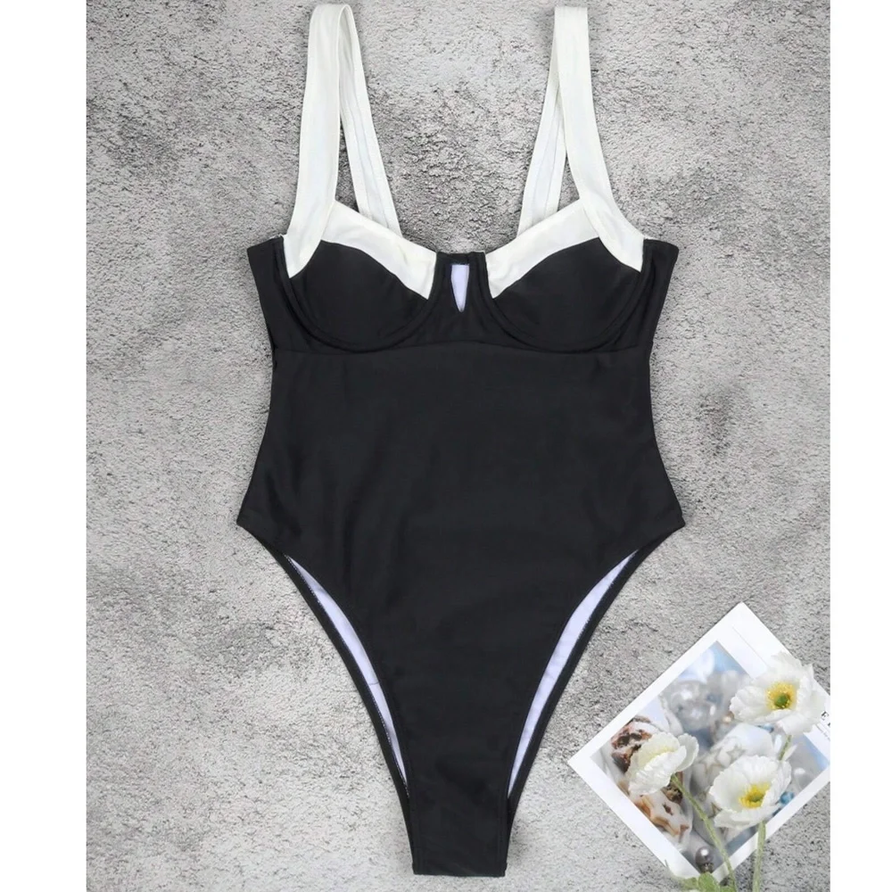 Color Block High Cut Bottom One Piece Monokini Swimsuit - Picture 4 of 5